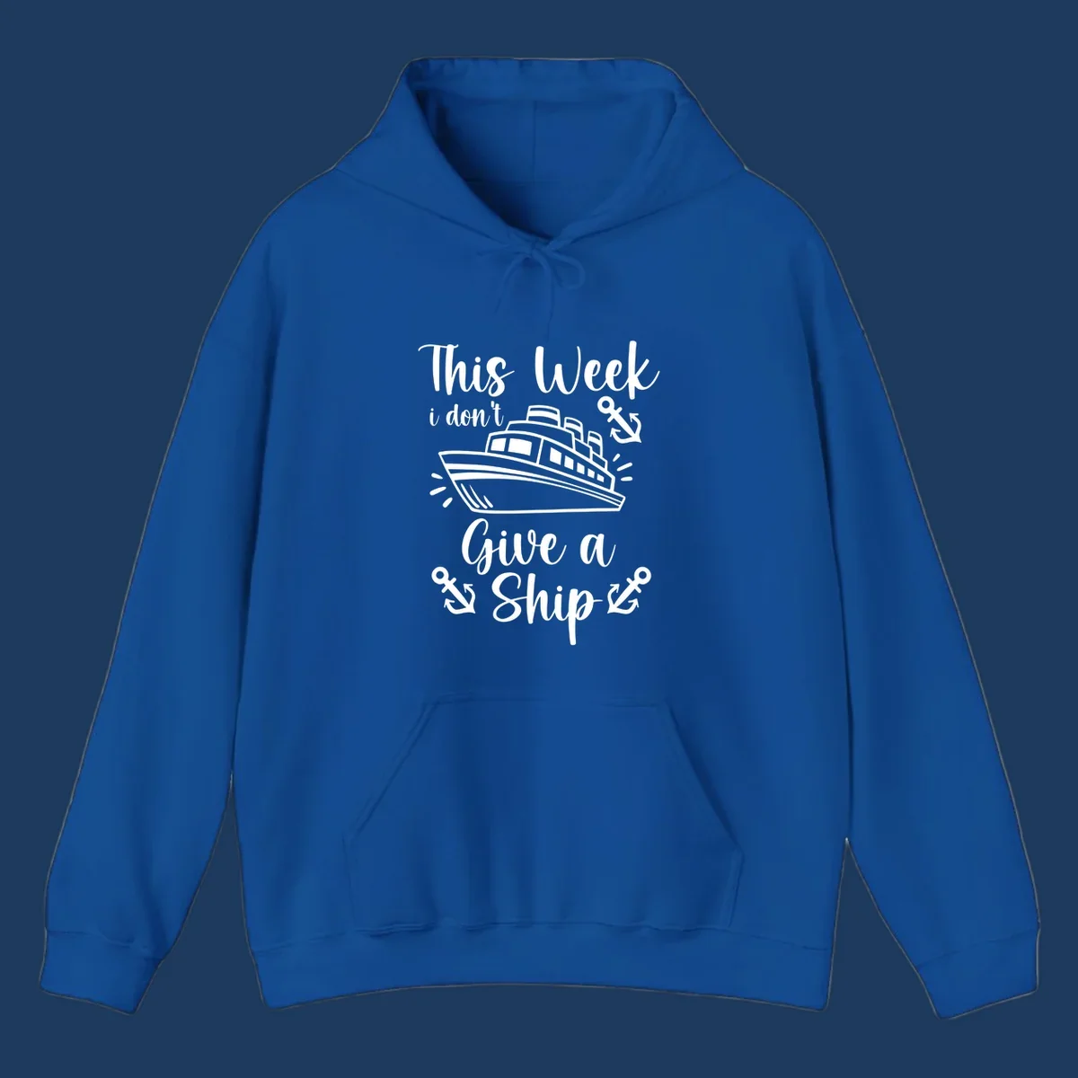 Gray and white nautical design with cruise ship and anchors, text reads 'This Week i don't Give a Ship' - don't give a ship cruise pun tee