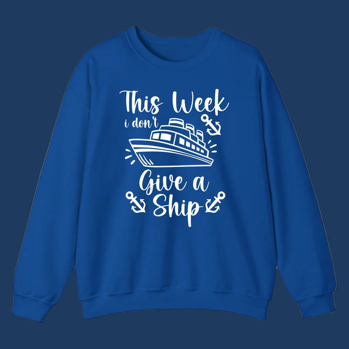 Gray and white nautical design with cruise ship and anchors, text reads 'This Week i don't Give a Ship' - don't give a ship cruise pun tee