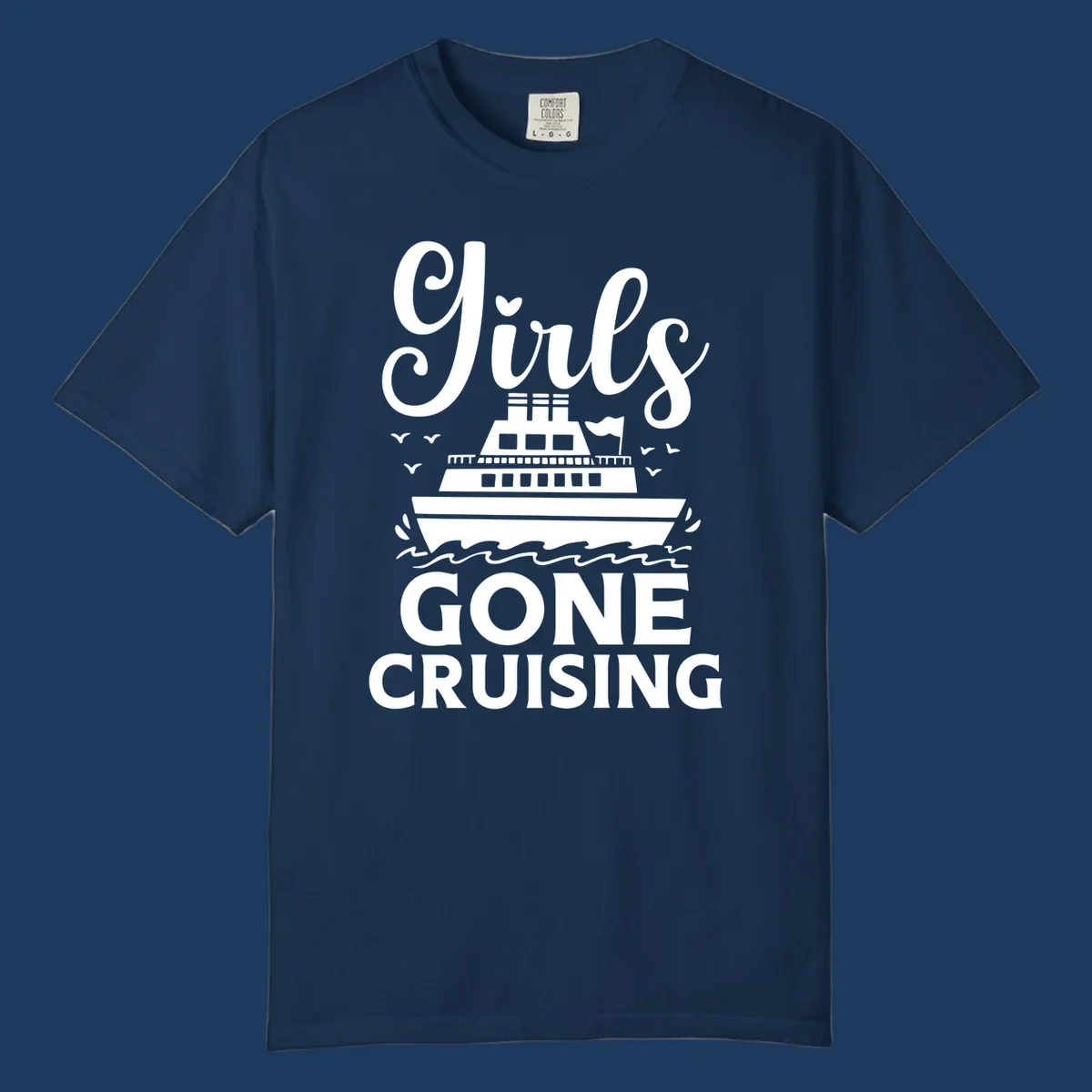 Cruise ship illustration with 'Ship All Gone Cruising' text and ocean waves design