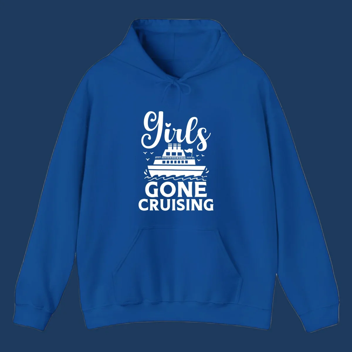 Cruise ship illustration with 'Ship All Gone Cruising' text and ocean waves design