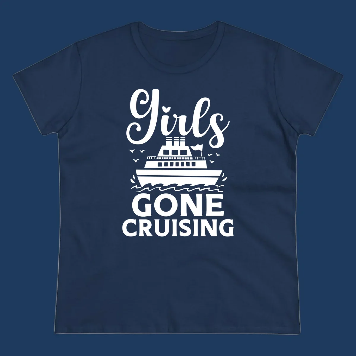 Cruise ship illustration with 'Ship All Gone Cruising' text and ocean waves design