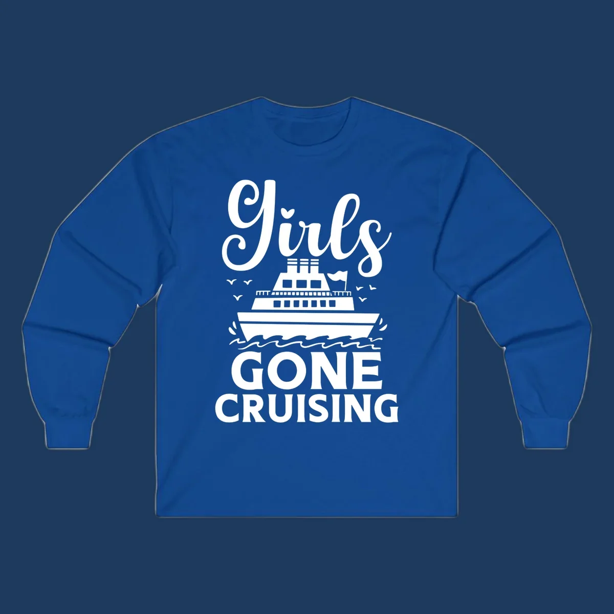 Cruise ship illustration with 'Ship All Gone Cruising' text and ocean waves design