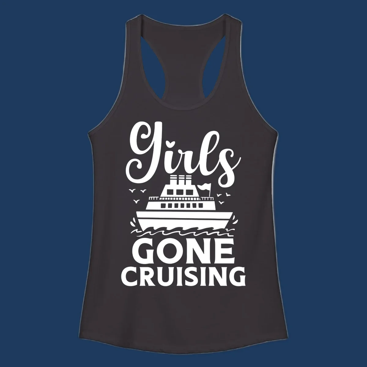 Cruise ship illustration with 'Ship All Gone Cruising' text and ocean waves design
