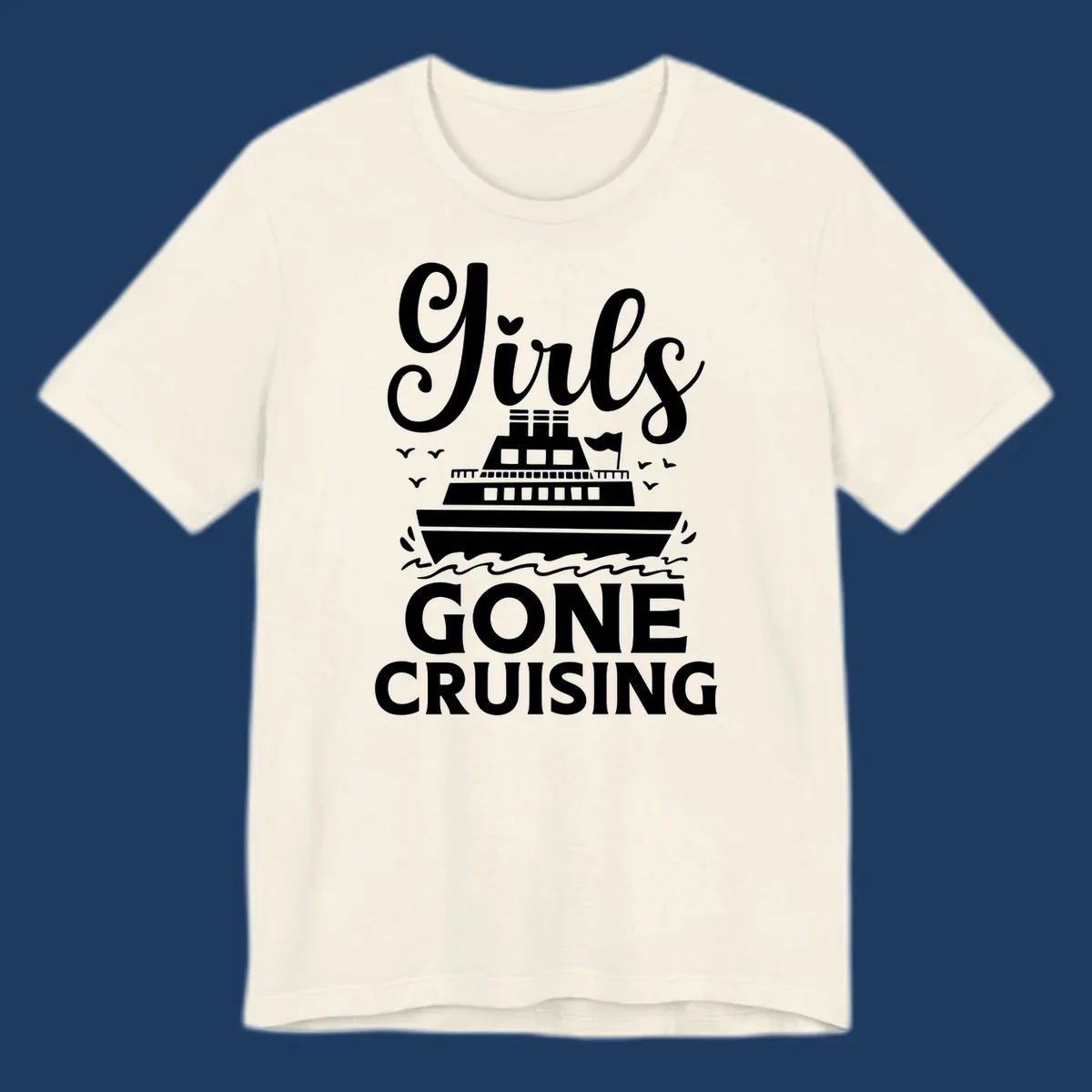 Cruise ship illustration with 'Ship All Gone Cruising' text and ocean waves design