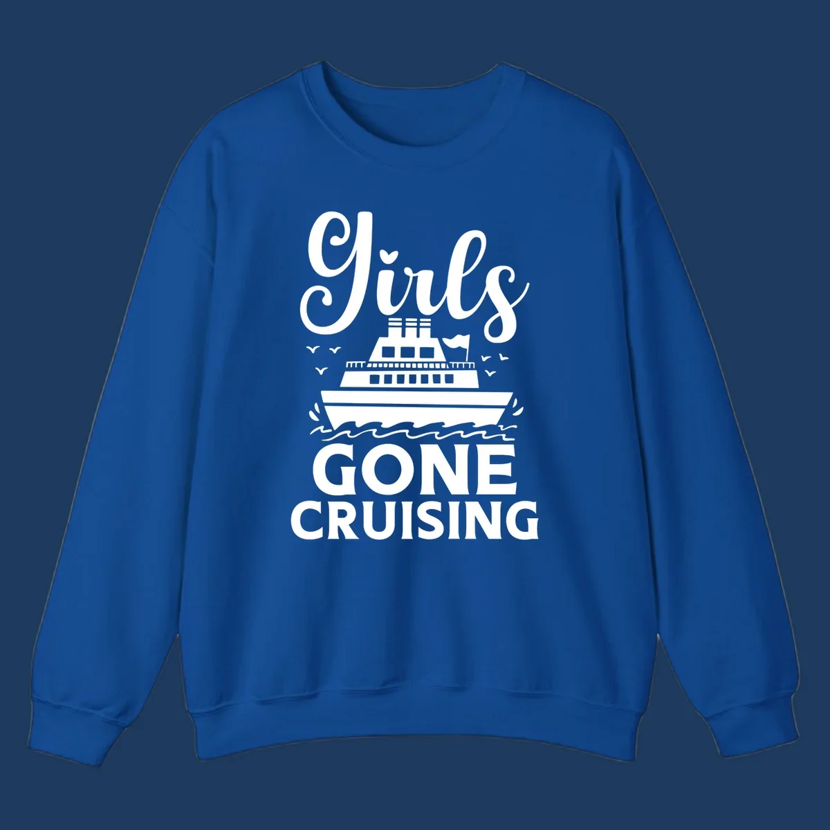 Cruise ship illustration with 'Ship All Gone Cruising' text and ocean waves design