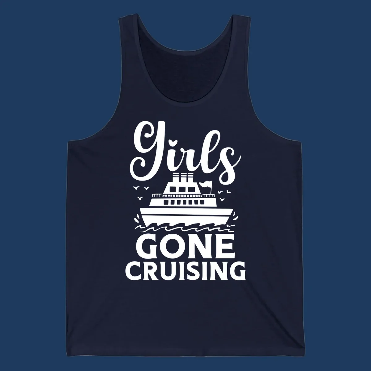 Cruise ship illustration with 'Ship All Gone Cruising' text and ocean waves design