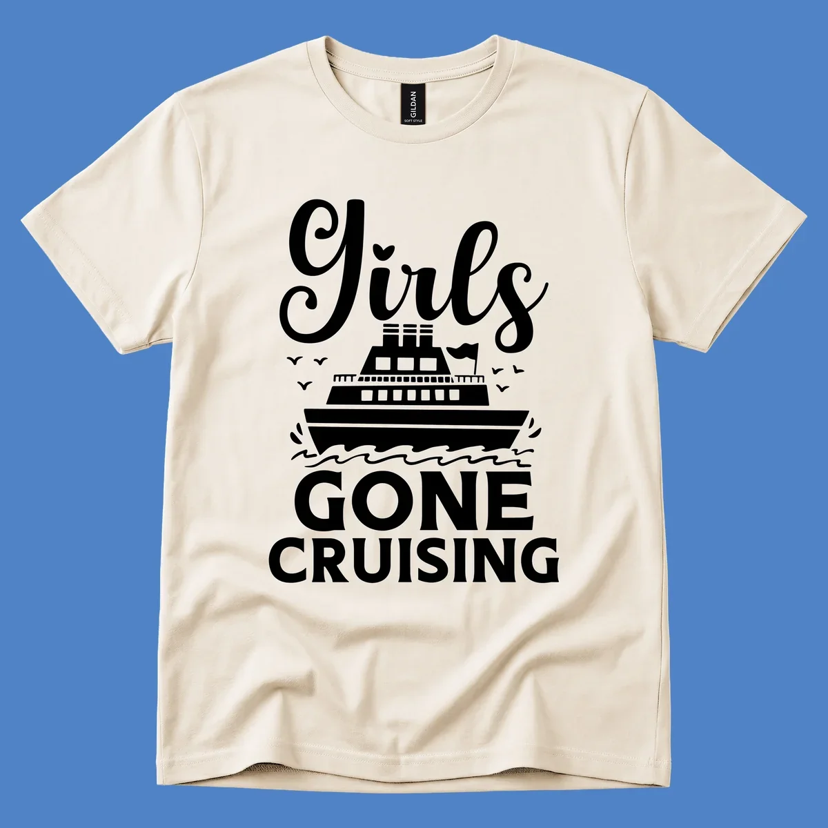 Cruise ship illustration with 'Ship All Gone Cruising' text and ocean waves design