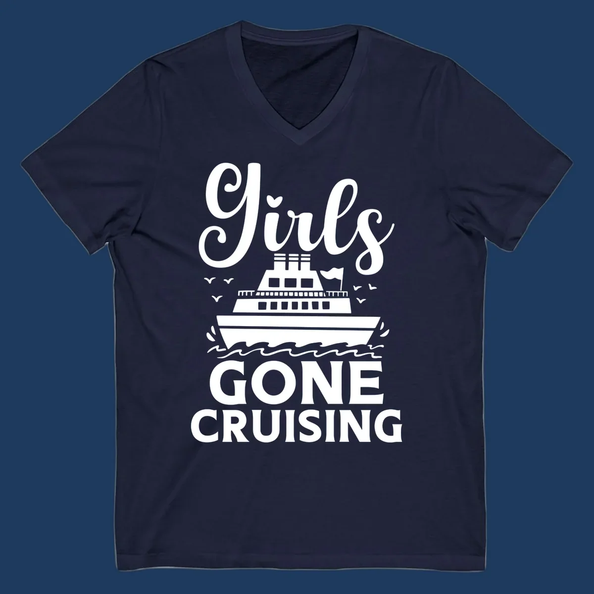 Cruise ship illustration with 'Ship All Gone Cruising' text and ocean waves design