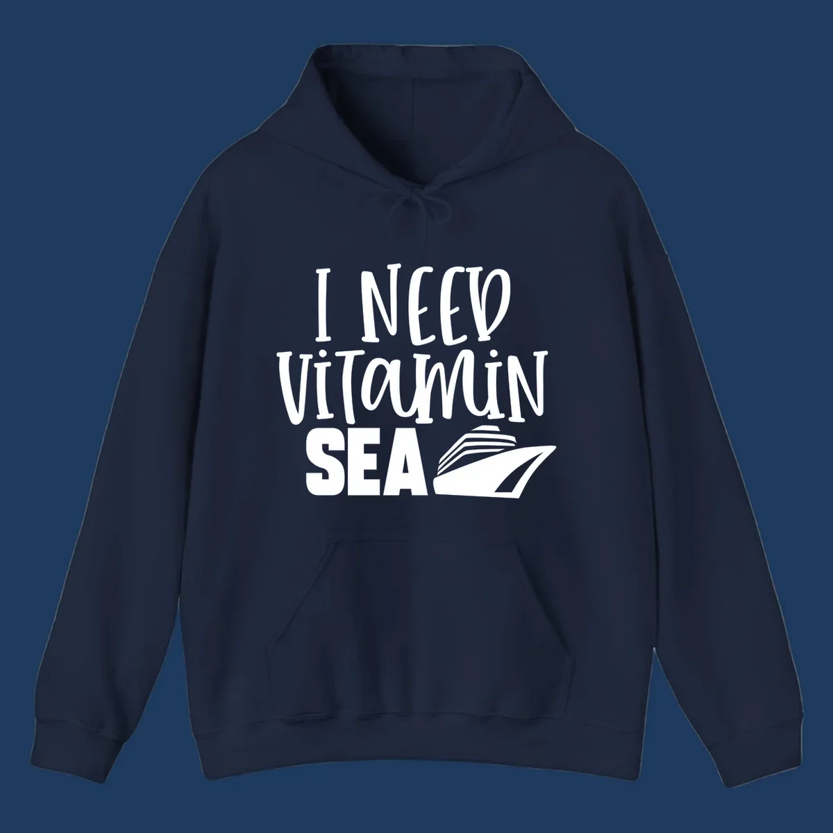 White text reading 'I NEED VITAMIN SEA' with a cruise ship illustration on gray background