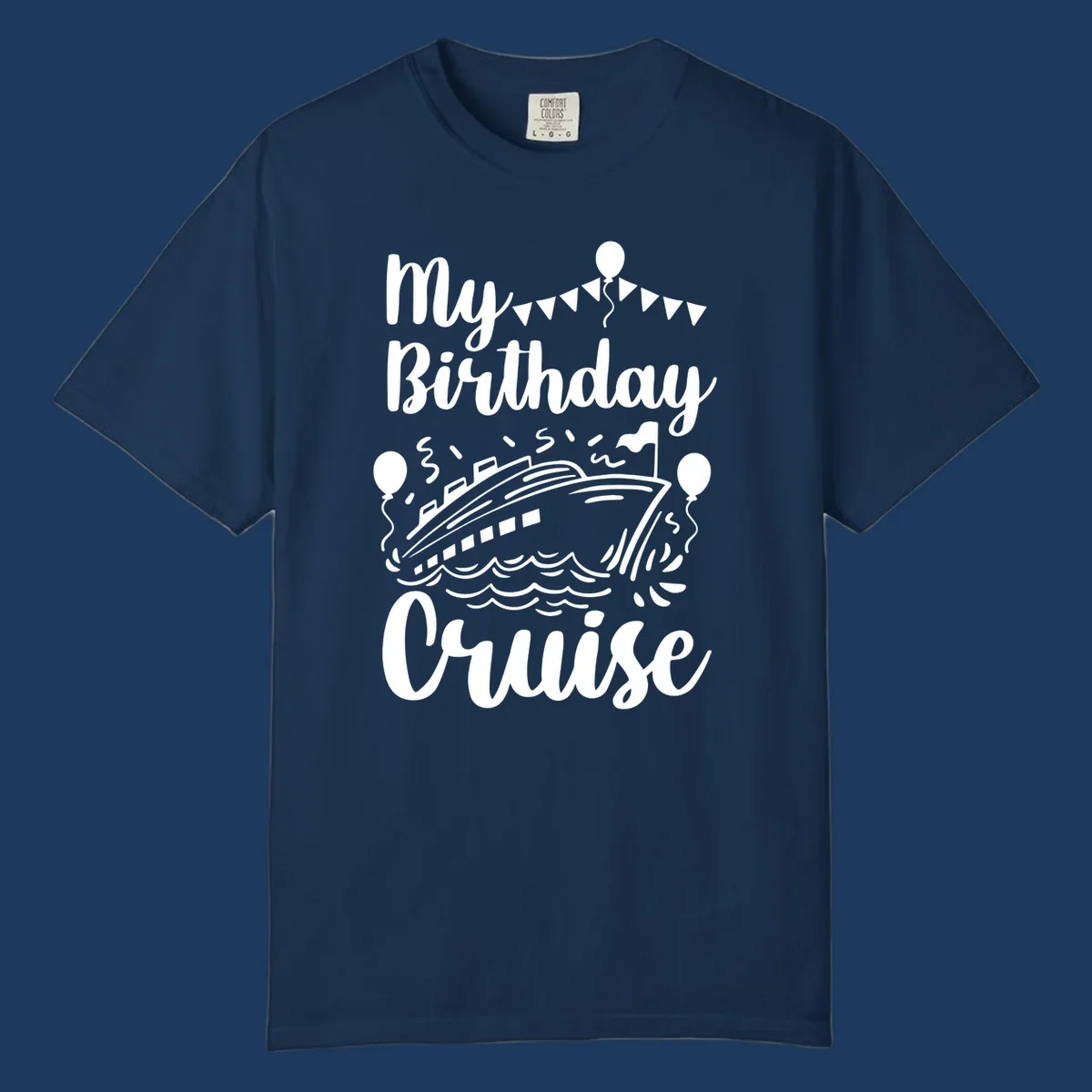 Birthday cruise celebration design with cruise ship, ocean waves, bunting flags, balloons, and party hat figure with 'My Birthday Cruise' text
