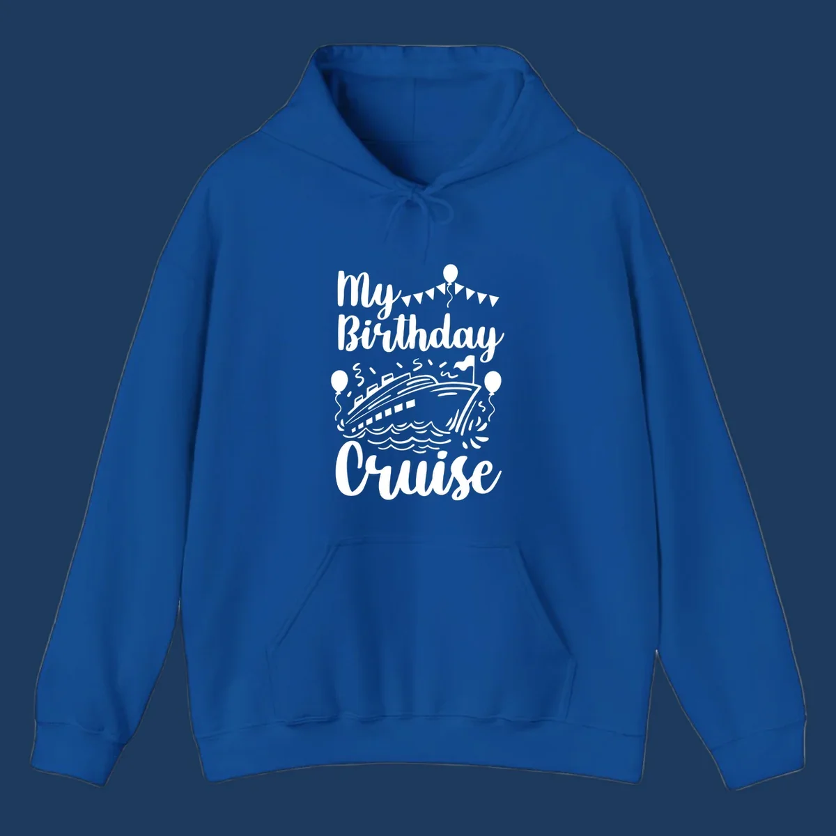 Birthday cruise celebration design with cruise ship, ocean waves, bunting flags, balloons, and party hat figure with 'My Birthday Cruise' text