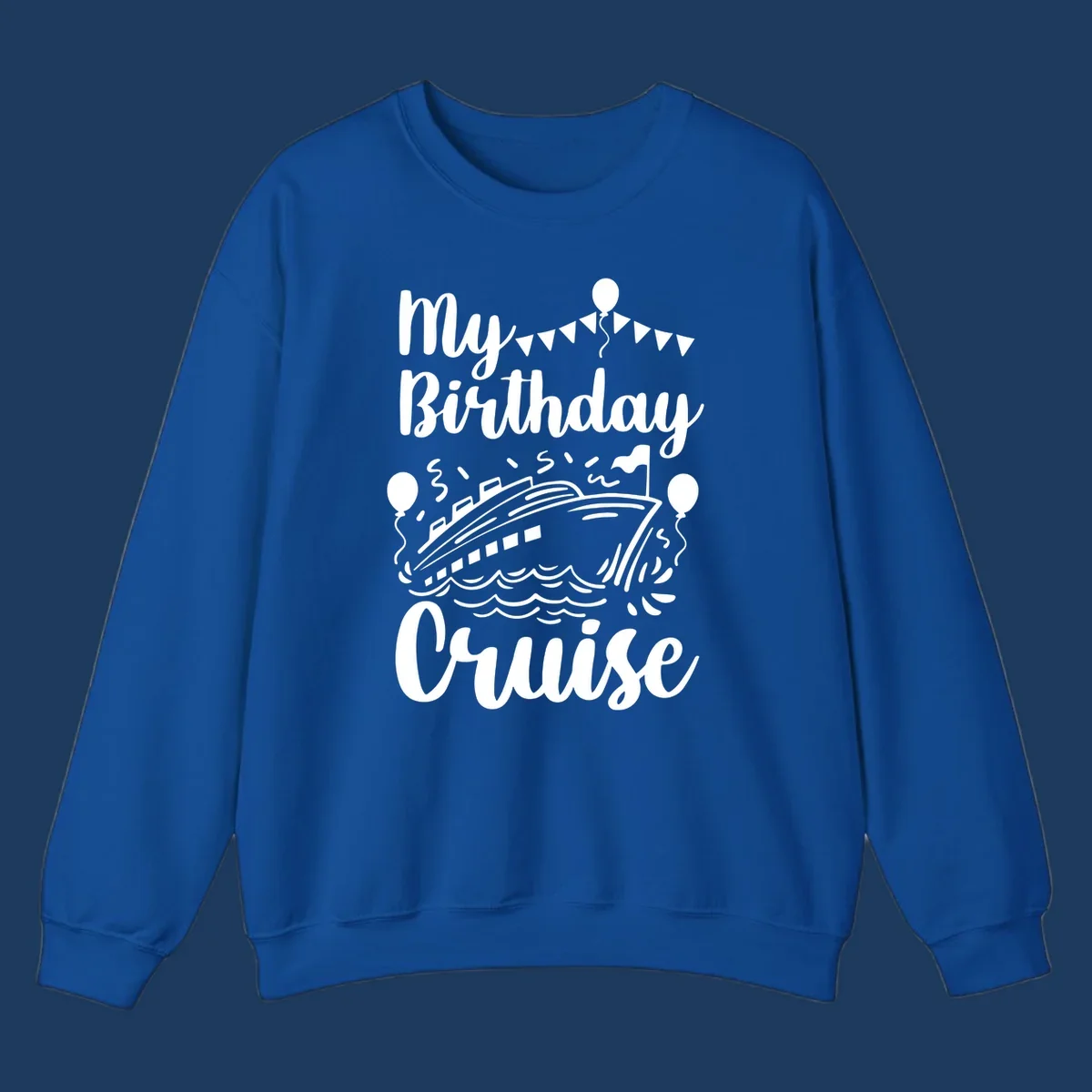 Birthday cruise celebration design with cruise ship, ocean waves, bunting flags, balloons, and party hat figure with 'My Birthday Cruise' text