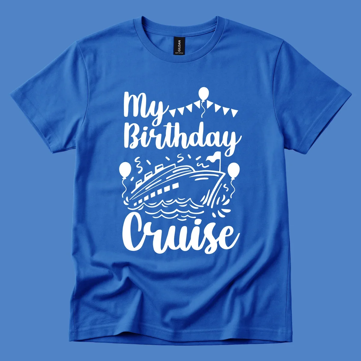 Birthday cruise celebration design with cruise ship, ocean waves, bunting flags, balloons, and party hat figure with 'My Birthday Cruise' text