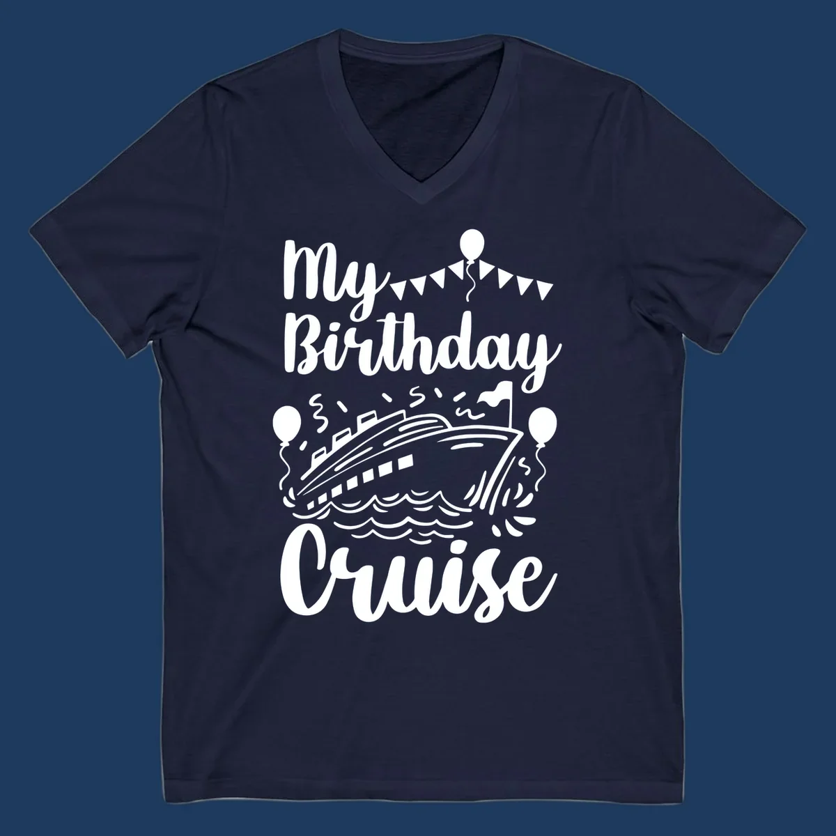Birthday cruise celebration design with cruise ship, ocean waves, bunting flags, balloons, and party hat figure with 'My Birthday Cruise' text