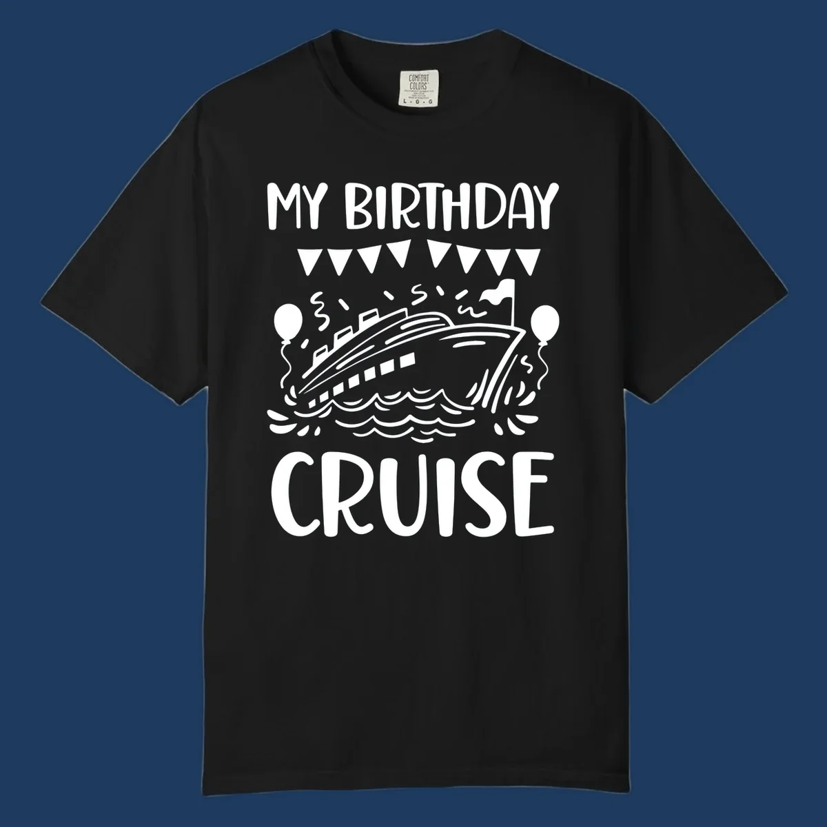 Illustration of a cruise ship with celebratory bunting, balloons, and waves with 'My Birthday Cruise' text