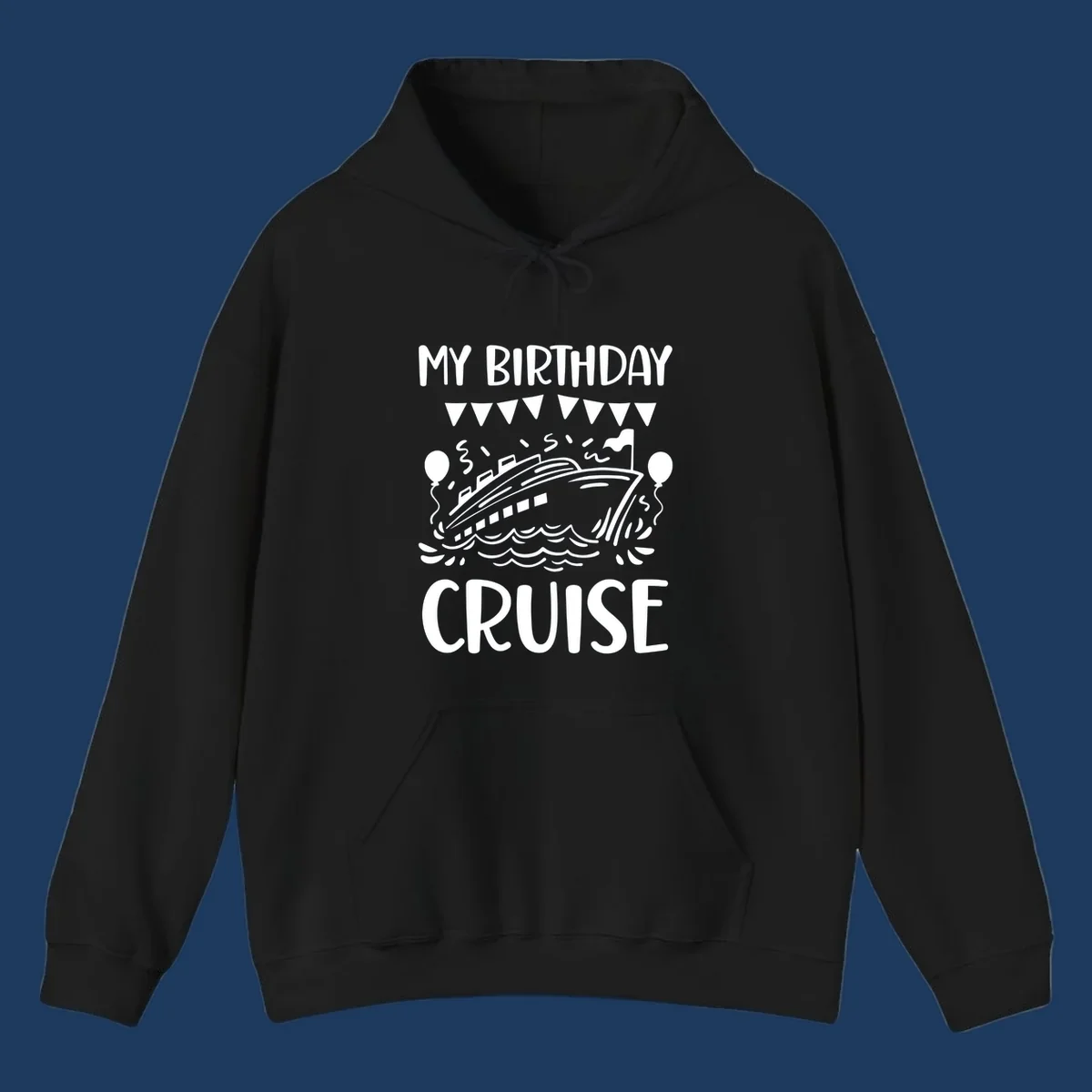 Illustration of a cruise ship with celebratory bunting, balloons, and waves with 'My Birthday Cruise' text