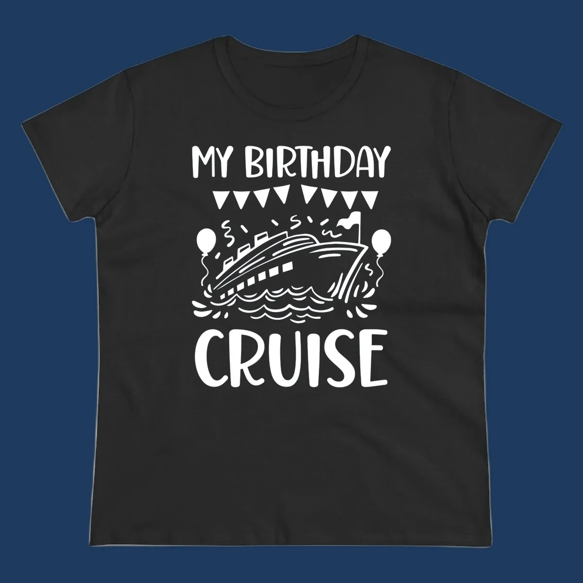Illustration of a cruise ship with celebratory bunting, balloons, and waves with 'My Birthday Cruise' text