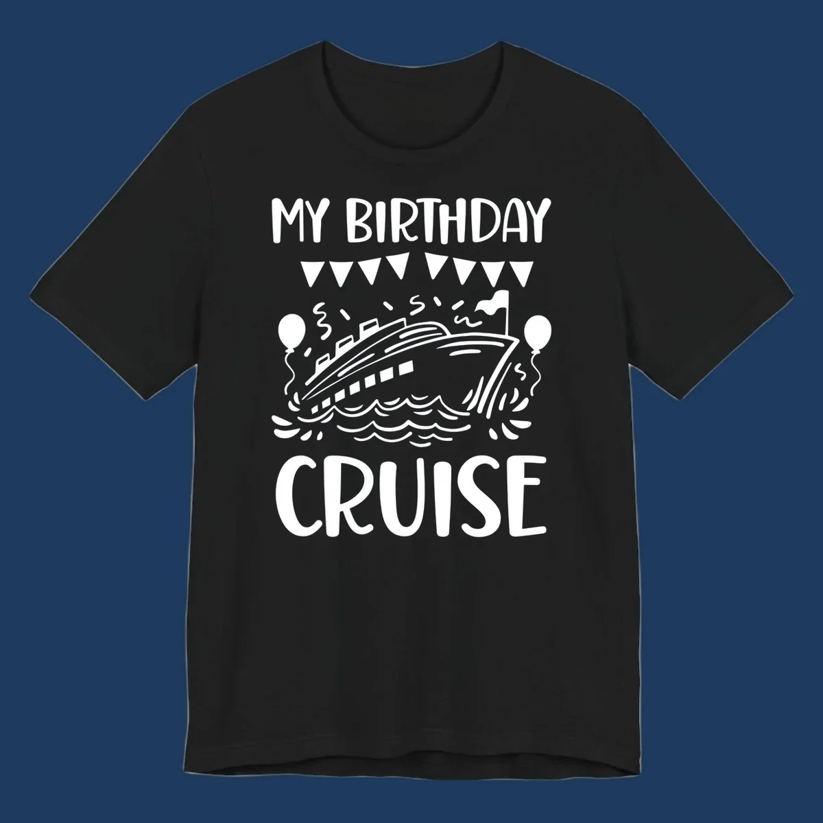Illustration of a cruise ship with celebratory bunting, balloons, and waves with 'My Birthday Cruise' text