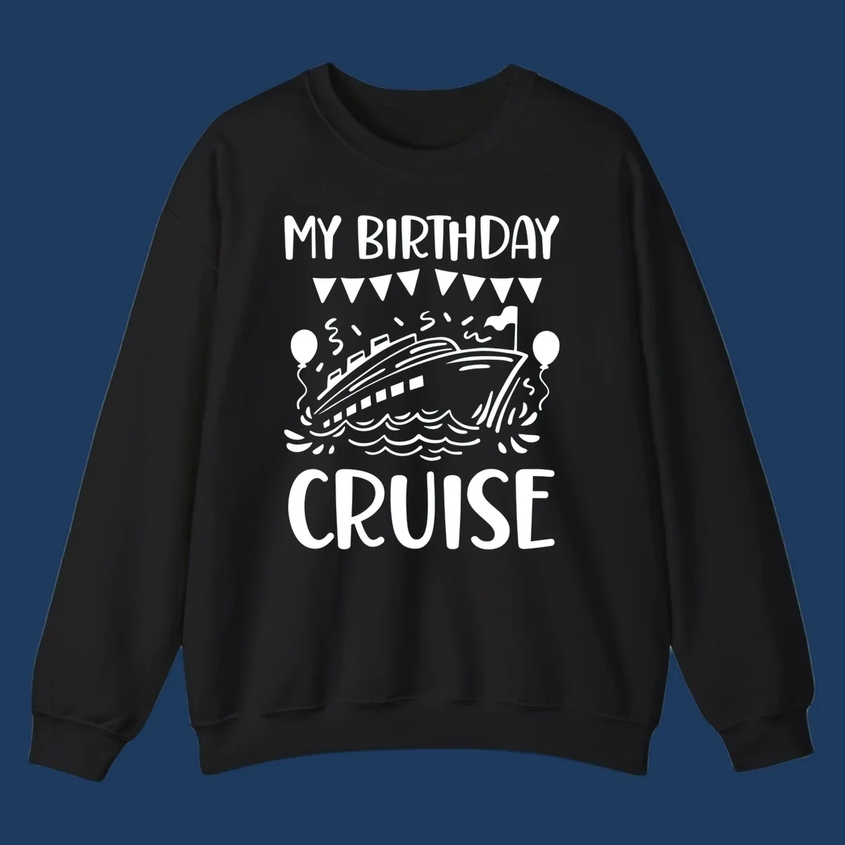 Illustration of a cruise ship with celebratory bunting, balloons, and waves with 'My Birthday Cruise' text