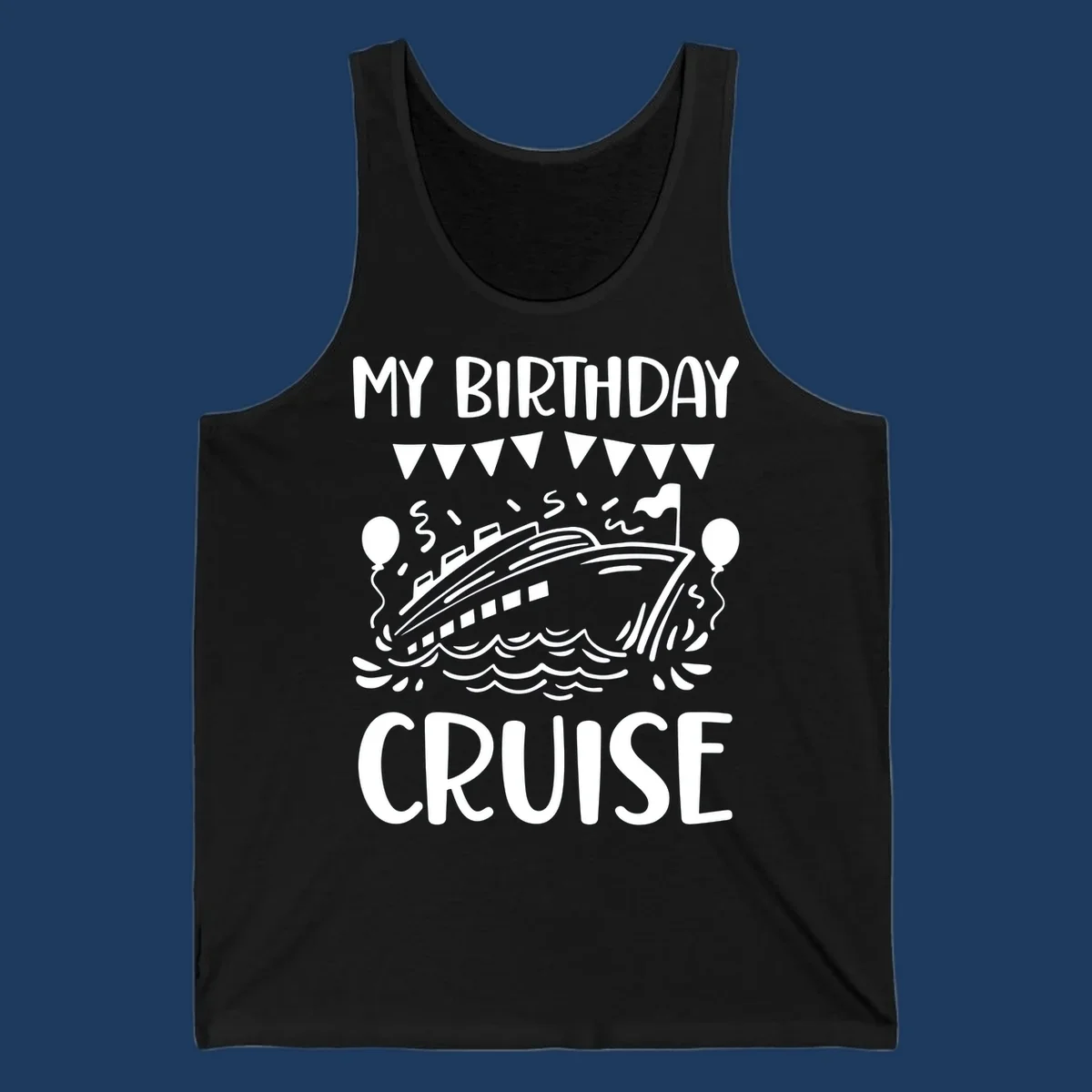 Illustration of a cruise ship with celebratory bunting, balloons, and waves with 'My Birthday Cruise' text