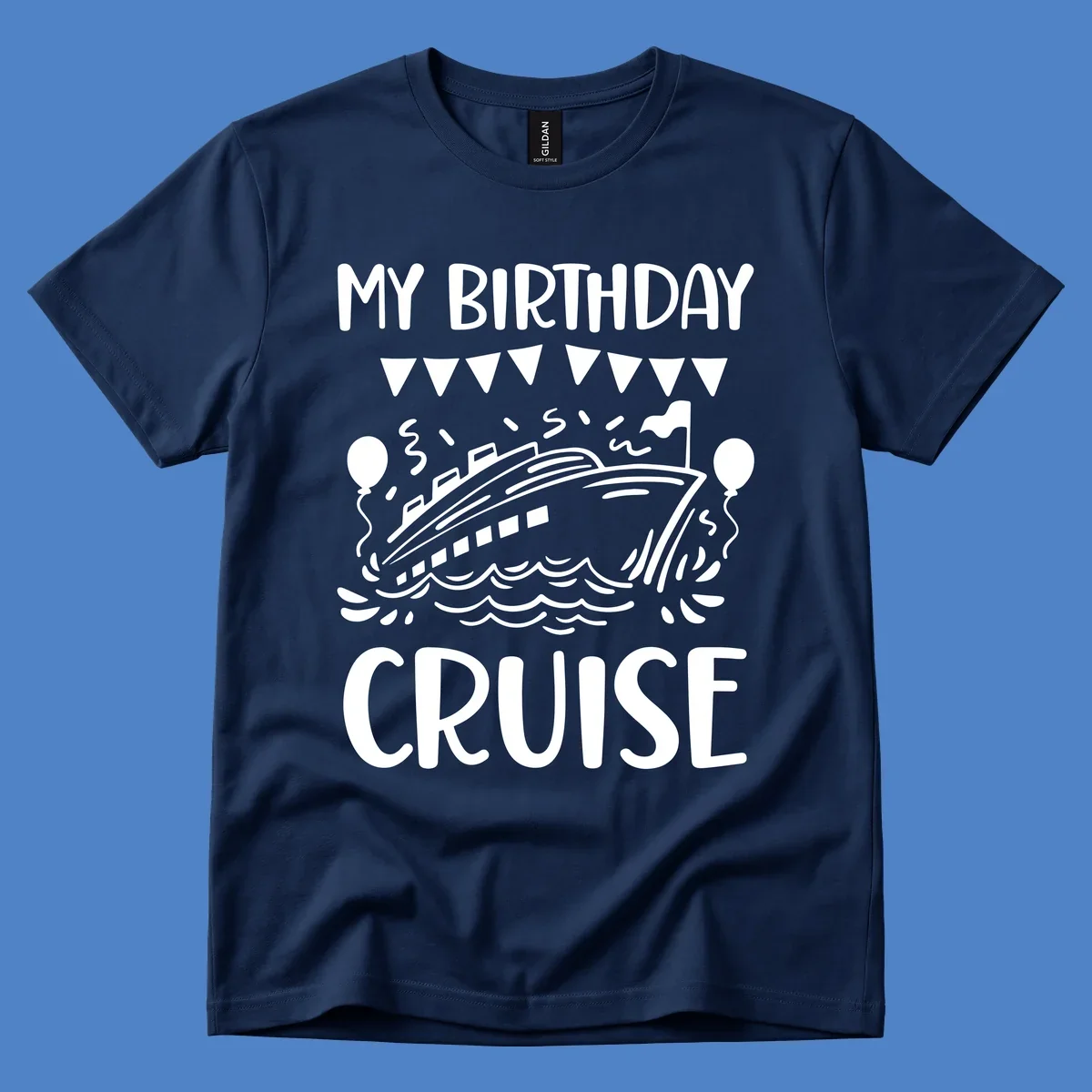 Illustration of a cruise ship with celebratory bunting, balloons, and waves with 'My Birthday Cruise' text