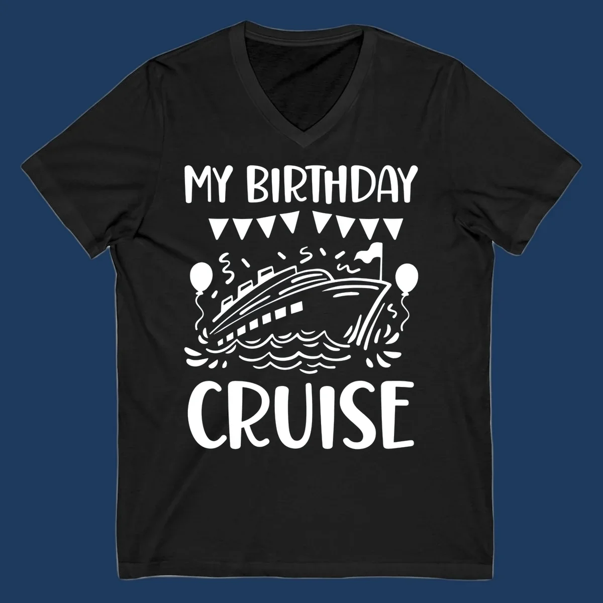 Illustration of a cruise ship with celebratory bunting, balloons, and waves with 'My Birthday Cruise' text