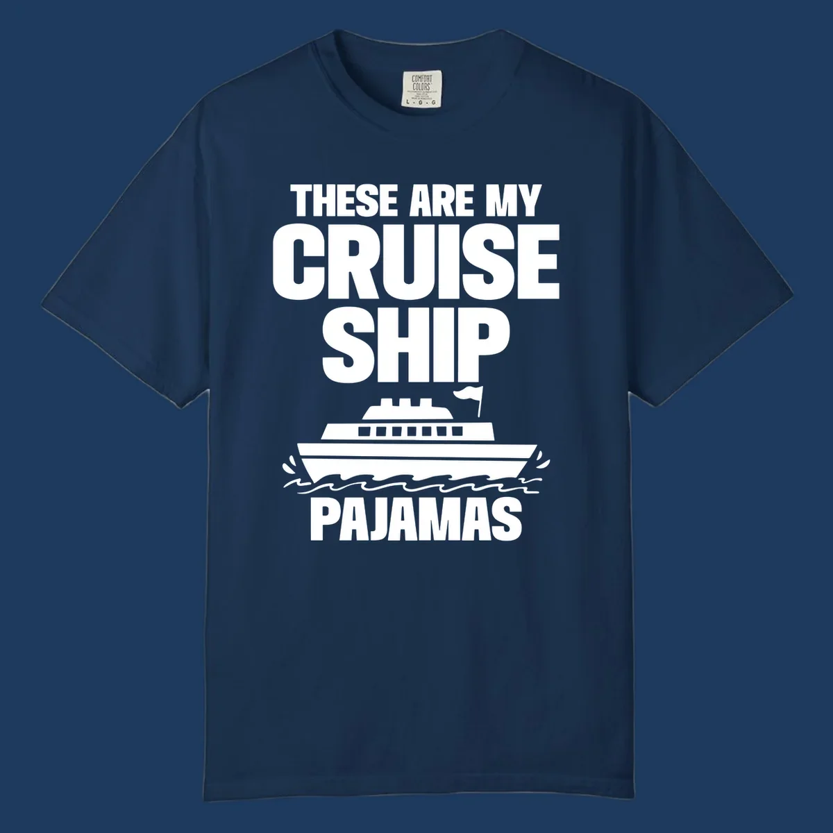 Cruise ship pajamas design with bold text and illustrated ship with ocean waves on gray background