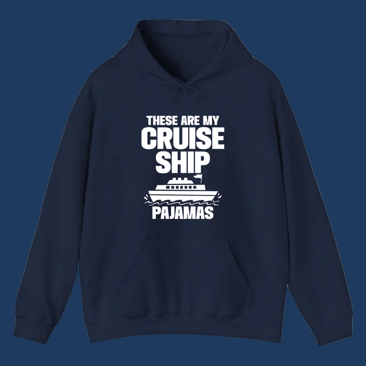 Cruise ship pajamas design with bold text and illustrated ship with ocean waves on gray background