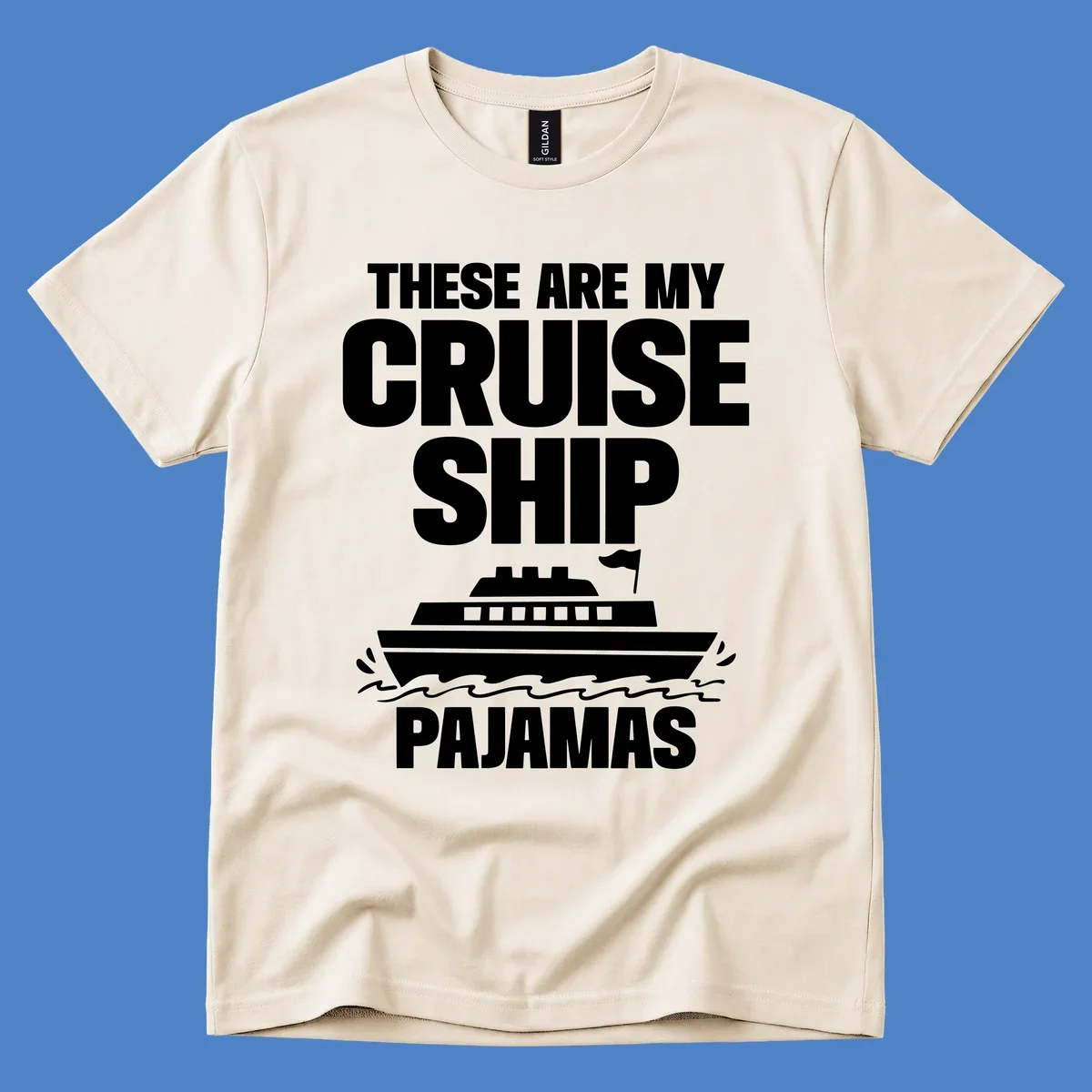 Cruise ship pajamas design with bold text and illustrated ship with ocean waves on gray background