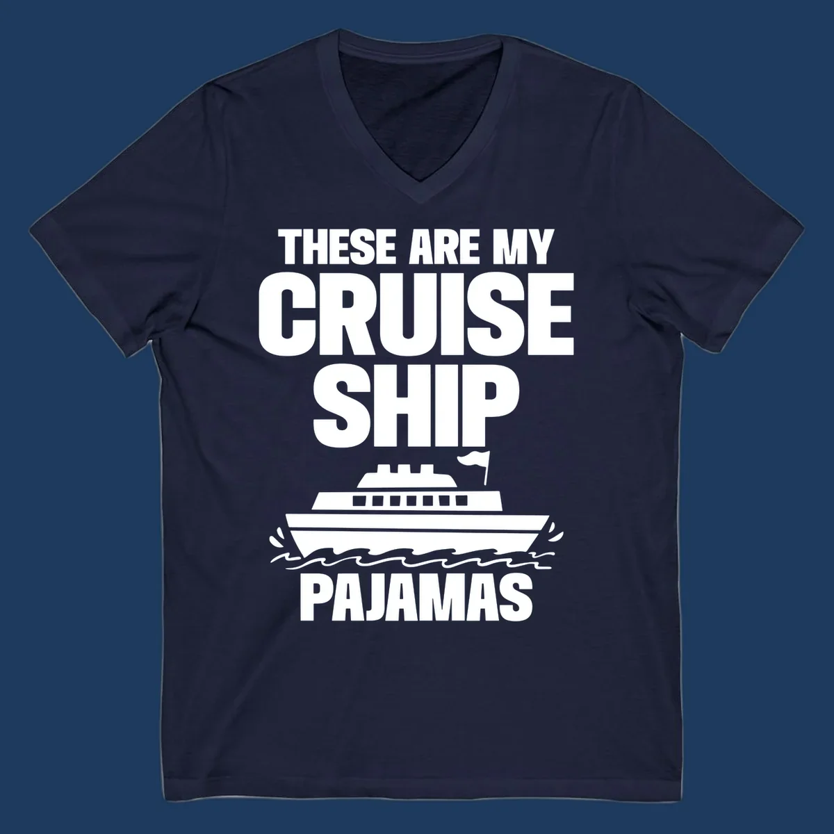 Cruise ship pajamas design with bold text and illustrated ship with ocean waves on gray background