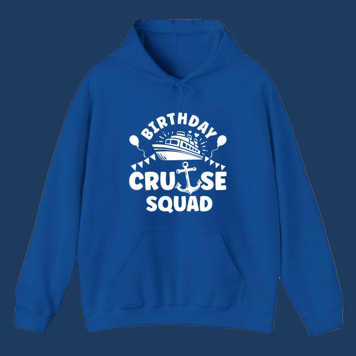Birthday cruise squad design featuring a cruise ship, anchor, balloons, and bunting flags on gray background