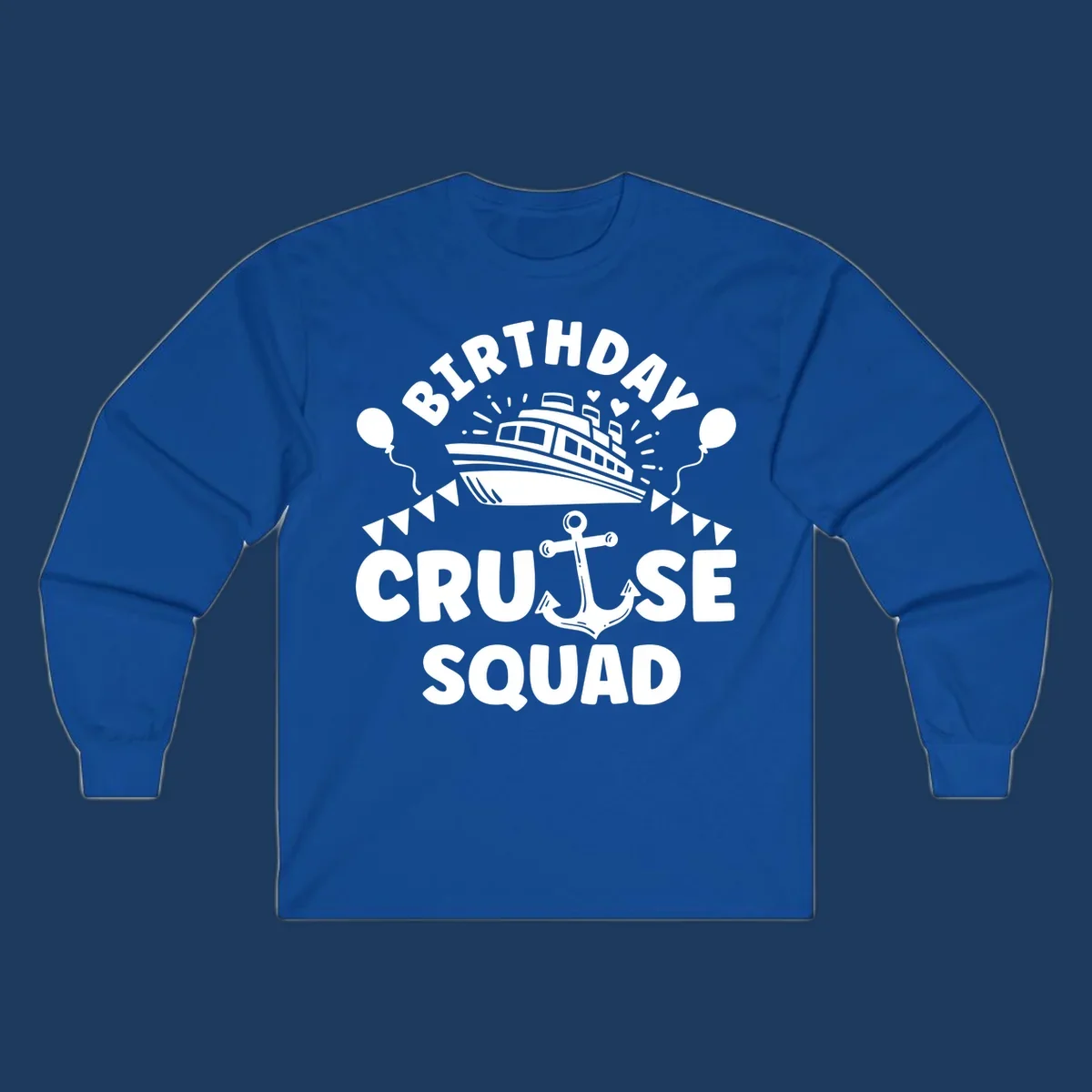 Birthday cruise squad design featuring a cruise ship, anchor, balloons, and bunting flags on gray background