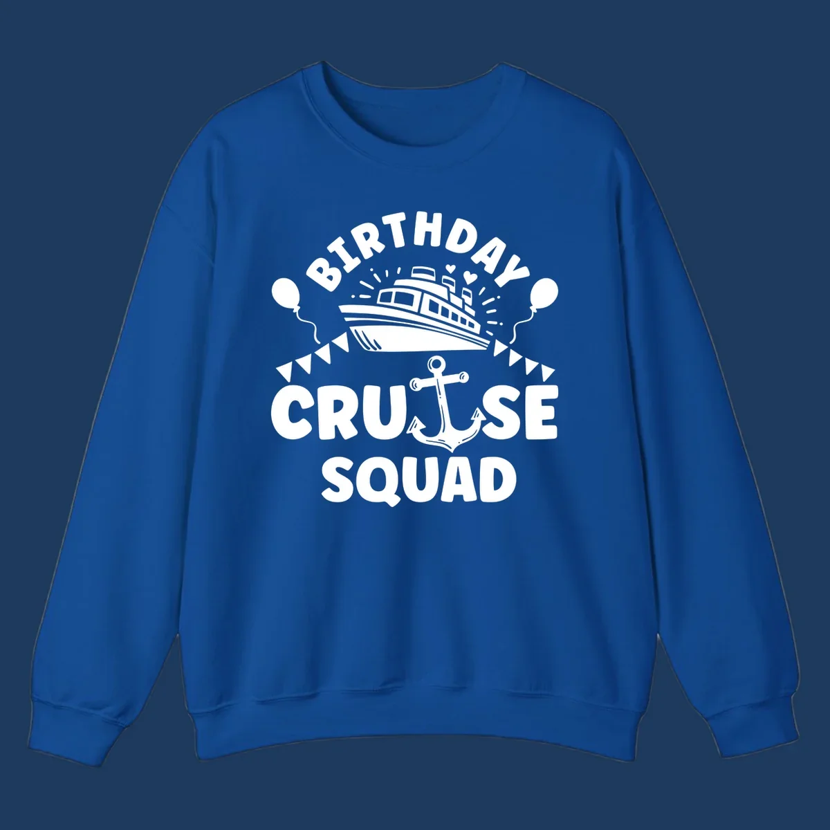 Birthday cruise squad design featuring a cruise ship, anchor, balloons, and bunting flags on gray background
