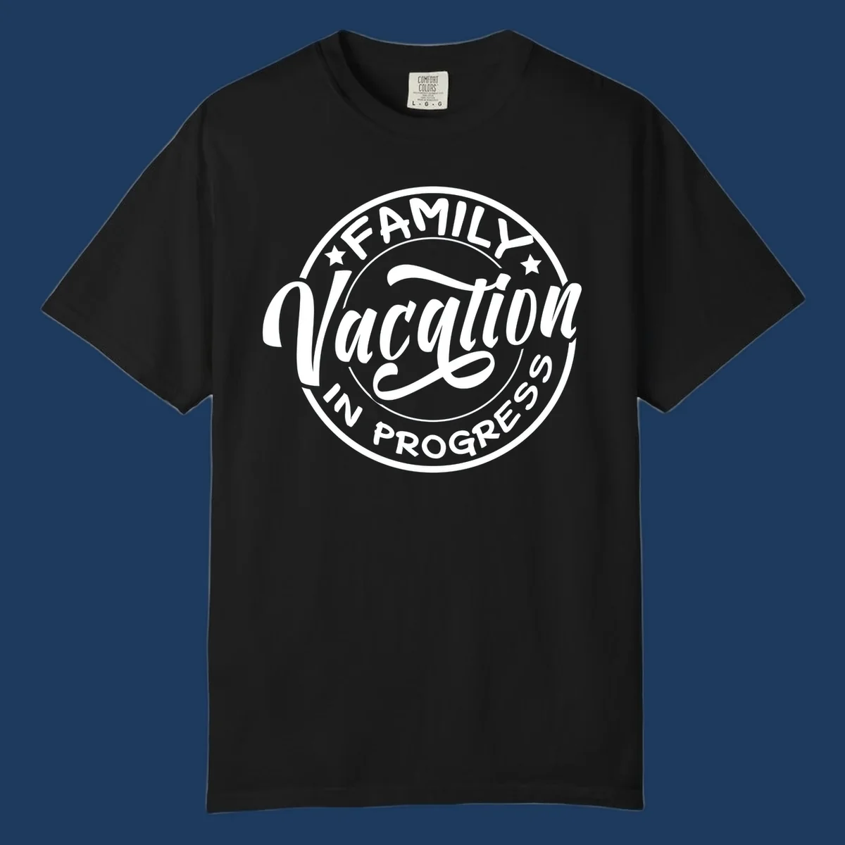 Vintage circular badge design with 'Family Vacation In Progress' text and decorative stars for cruise vacations