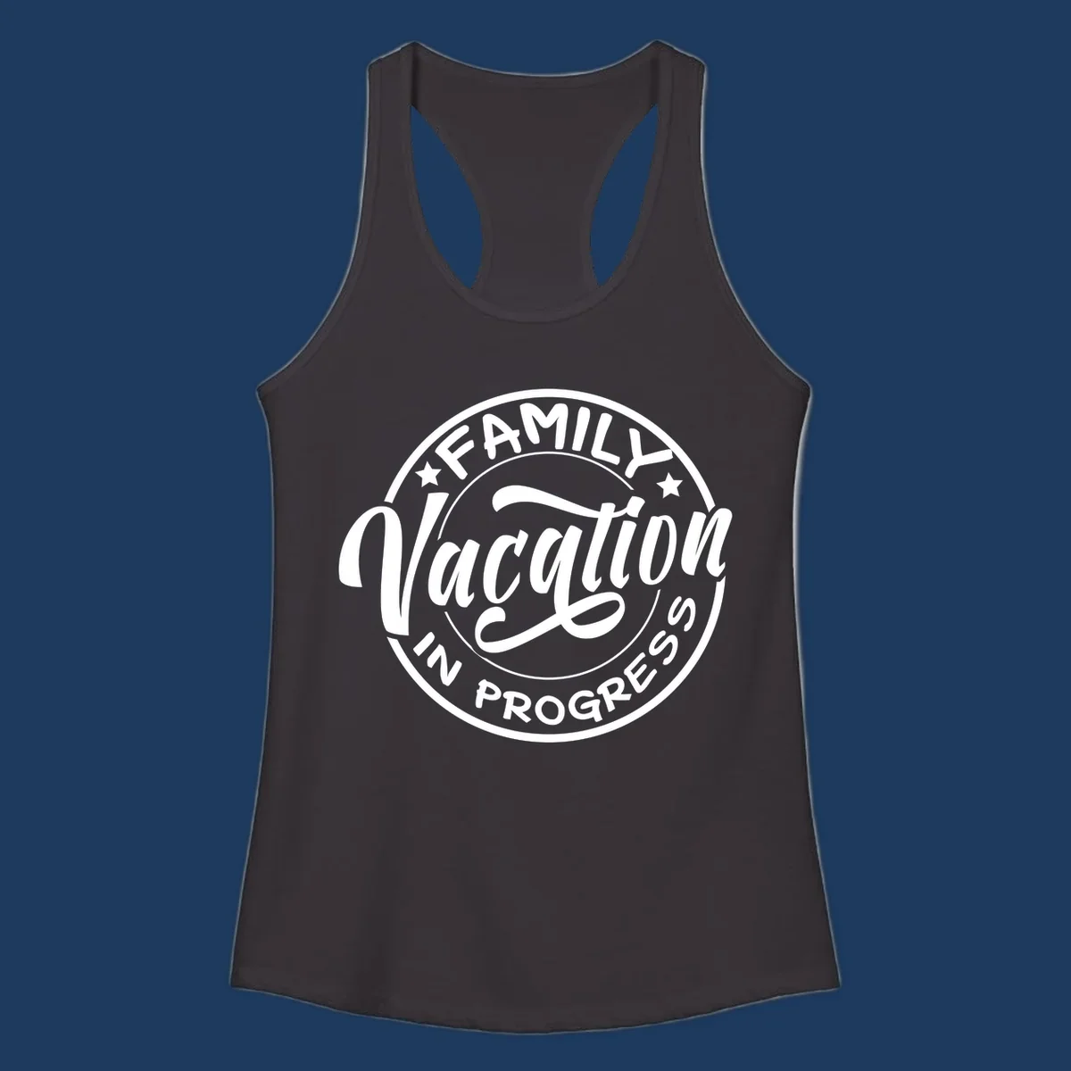 Vintage circular badge design with 'Family Vacation In Progress' text and decorative stars for cruise vacations
