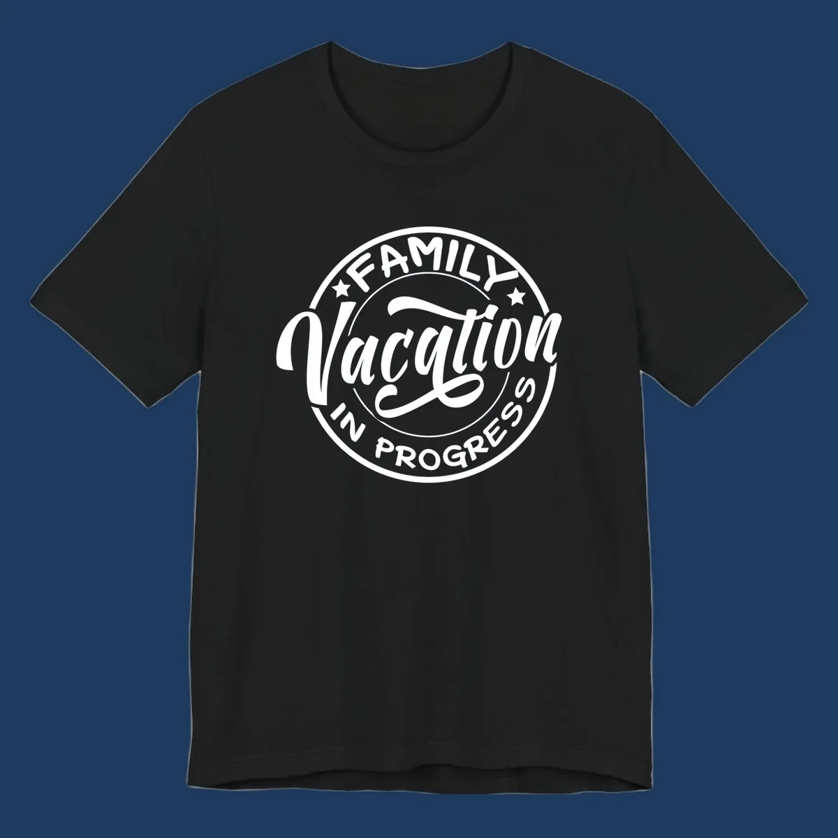 Vintage circular badge design with 'Family Vacation In Progress' text and decorative stars for cruise vacations