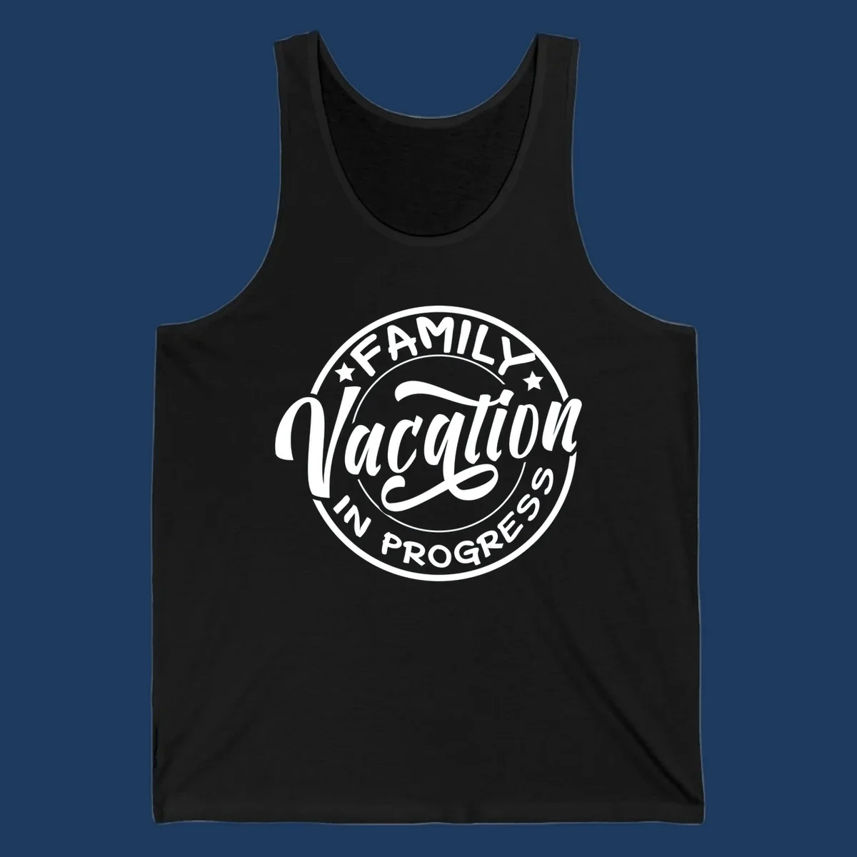 Vintage circular badge design with 'Family Vacation In Progress' text and decorative stars for cruise vacations