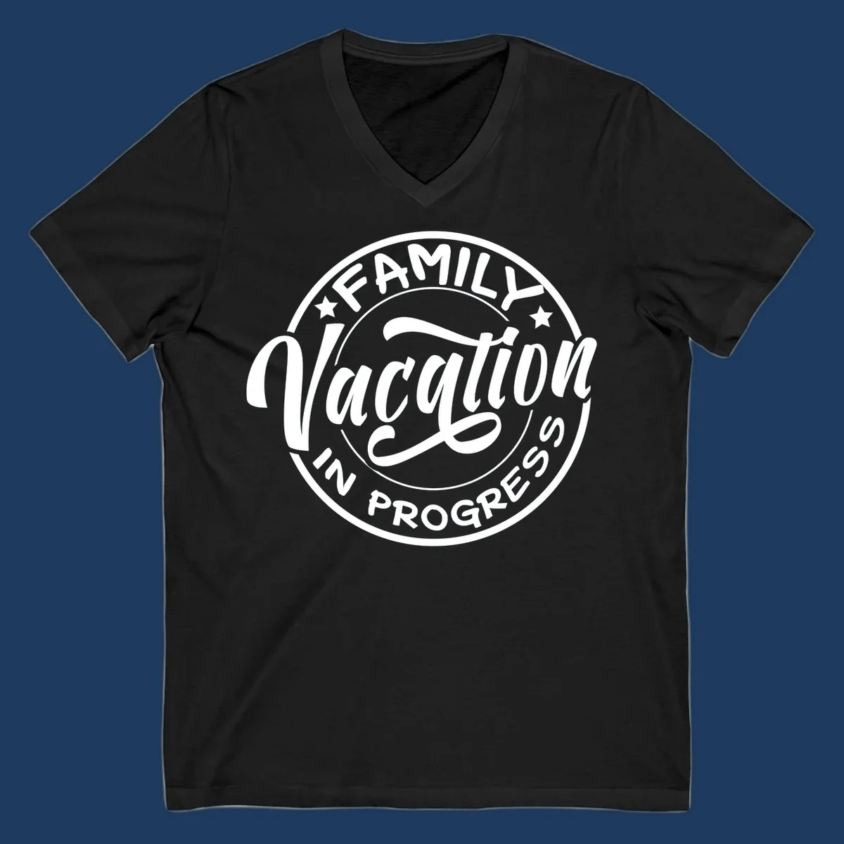 Vintage circular badge design with 'Family Vacation In Progress' text and decorative stars for cruise vacations