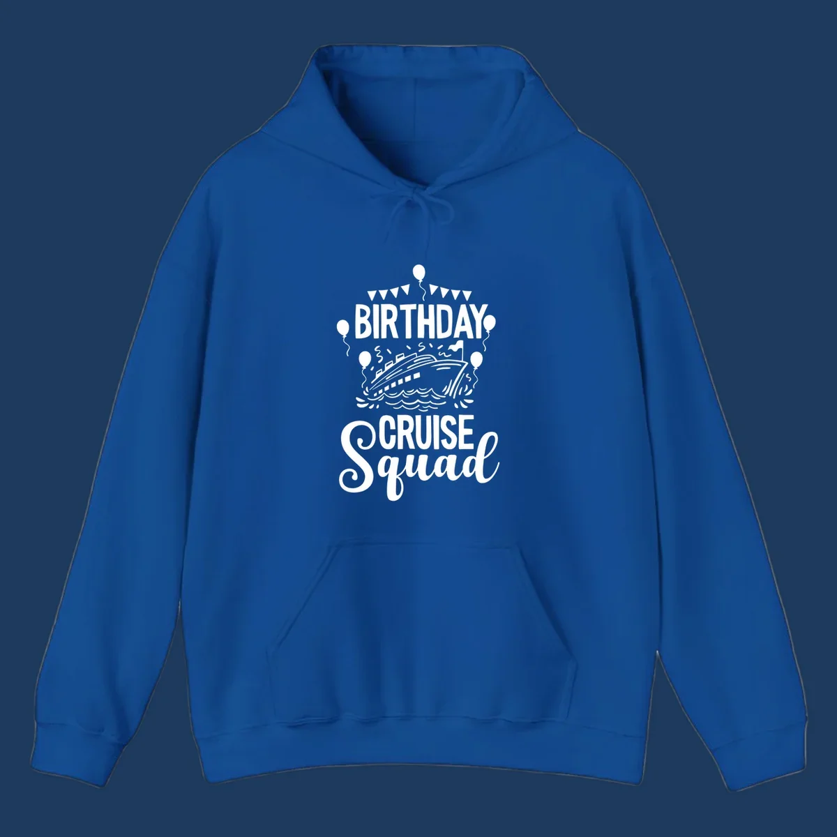 Birthday cruise squad design with cruise ship, balloons, waves, and bunting flags on gray background