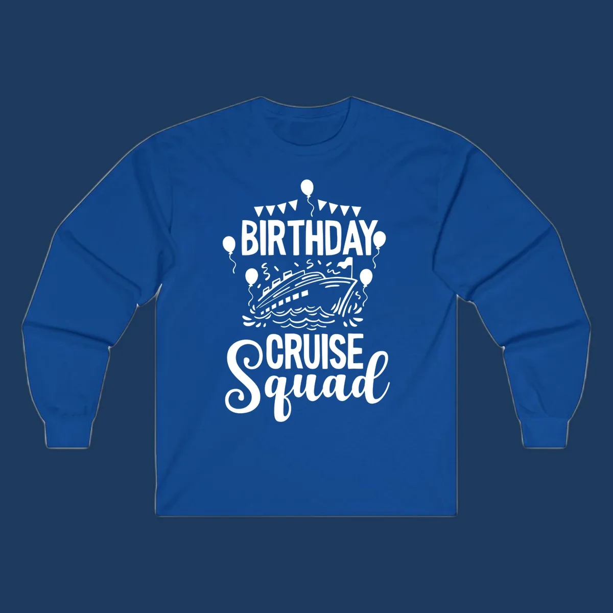 Birthday cruise squad design with cruise ship, balloons, waves, and bunting flags on gray background