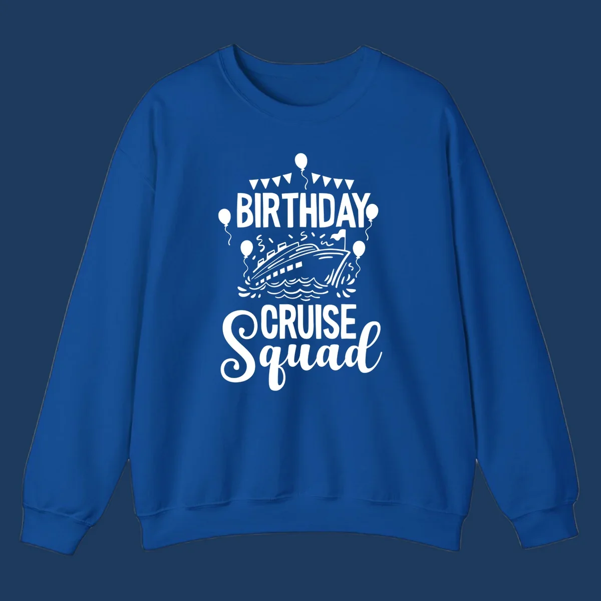 Birthday cruise squad design with cruise ship, balloons, waves, and bunting flags on gray background