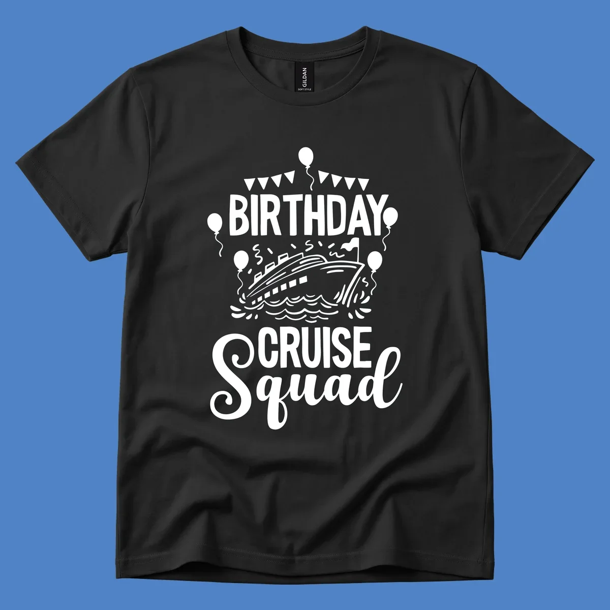 Birthday cruise squad design with cruise ship, balloons, waves, and bunting flags on gray background