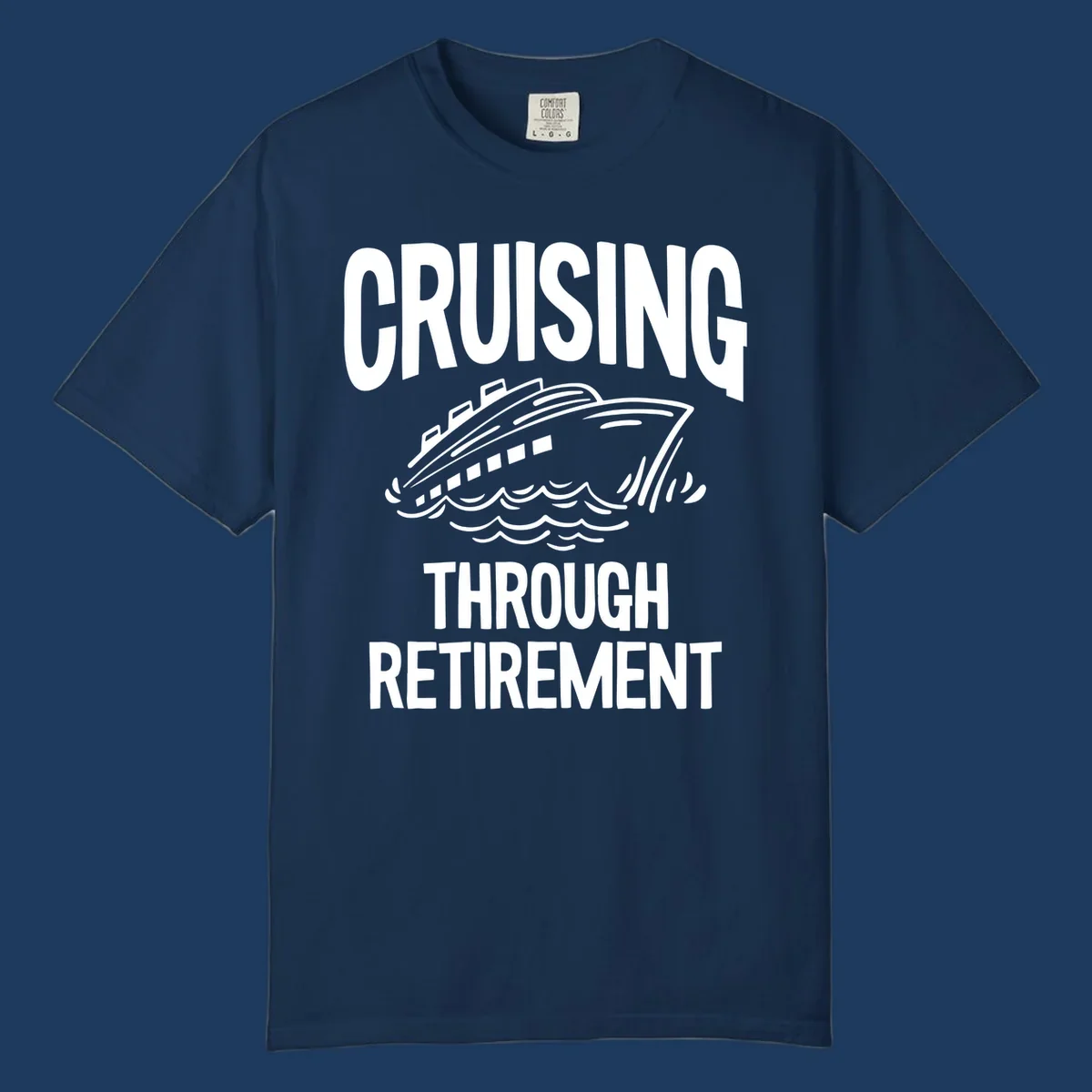 White cruise ship illustration with ocean waves and text reading 'Cruising Through Retirement' on gray background