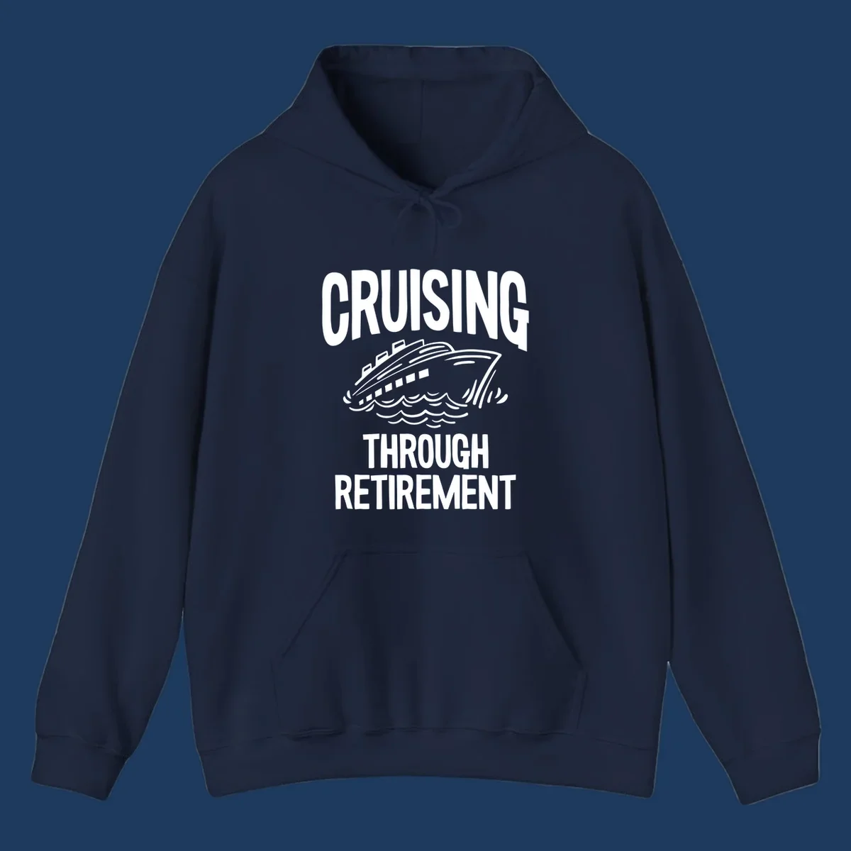 White cruise ship illustration with ocean waves and text reading 'Cruising Through Retirement' on gray background