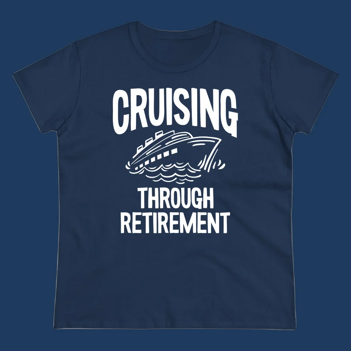 White cruise ship illustration with ocean waves and text reading 'Cruising Through Retirement' on gray background