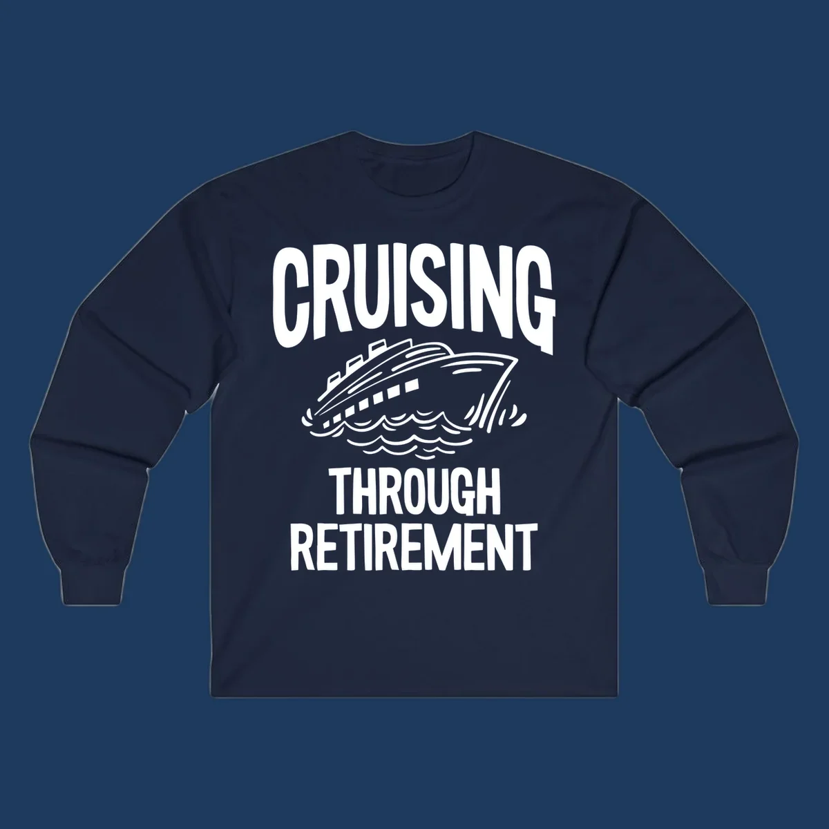 White cruise ship illustration with ocean waves and text reading 'Cruising Through Retirement' on gray background