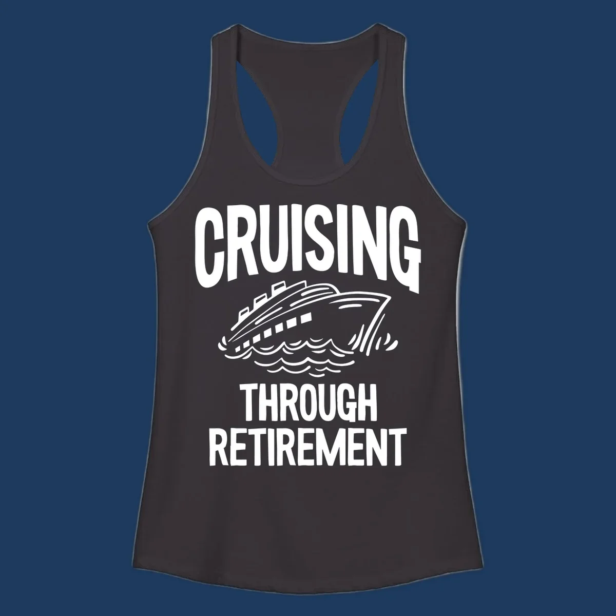 White cruise ship illustration with ocean waves and text reading 'Cruising Through Retirement' on gray background
