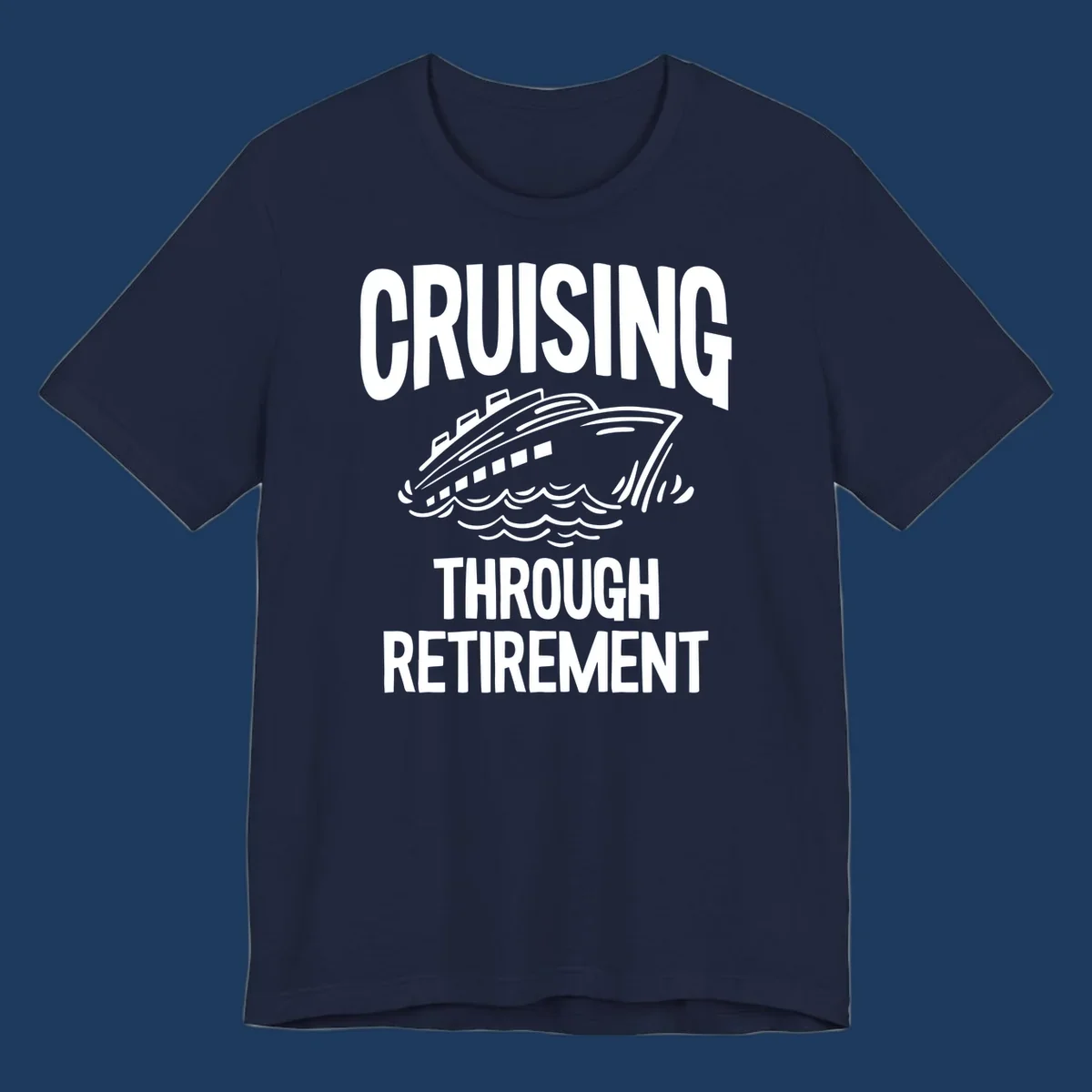 White cruise ship illustration with ocean waves and text reading 'Cruising Through Retirement' on gray background