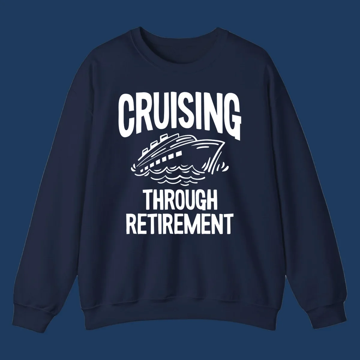 White cruise ship illustration with ocean waves and text reading 'Cruising Through Retirement' on gray background
