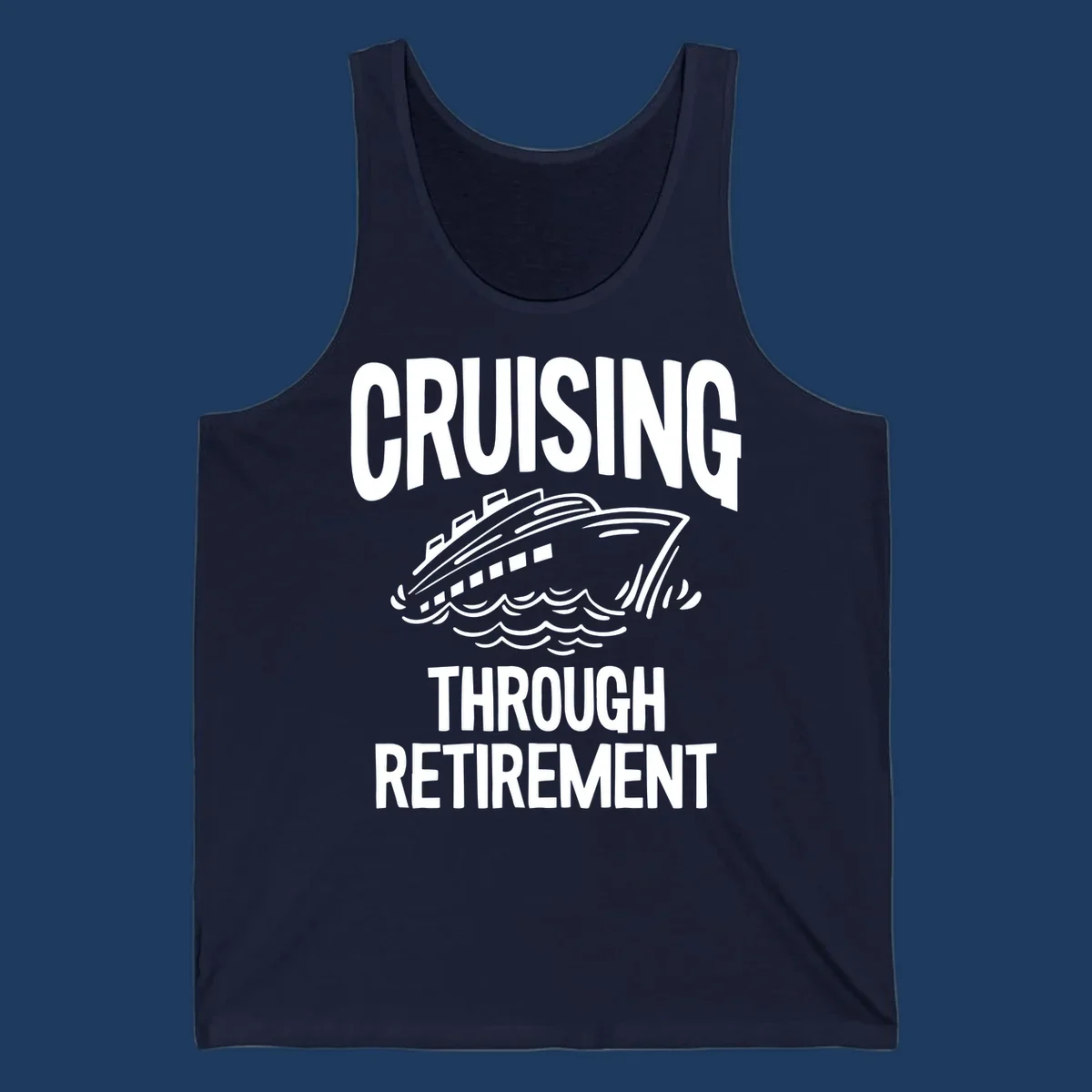 White cruise ship illustration with ocean waves and text reading 'Cruising Through Retirement' on gray background
